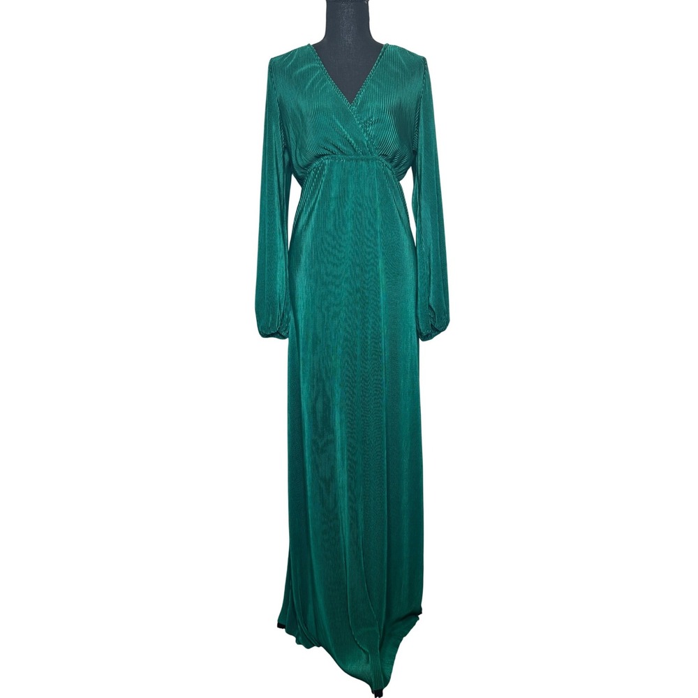 Baltic Born Emerald Green Pleated Maxi Dress Long Sleeve V-Neck Gown Large